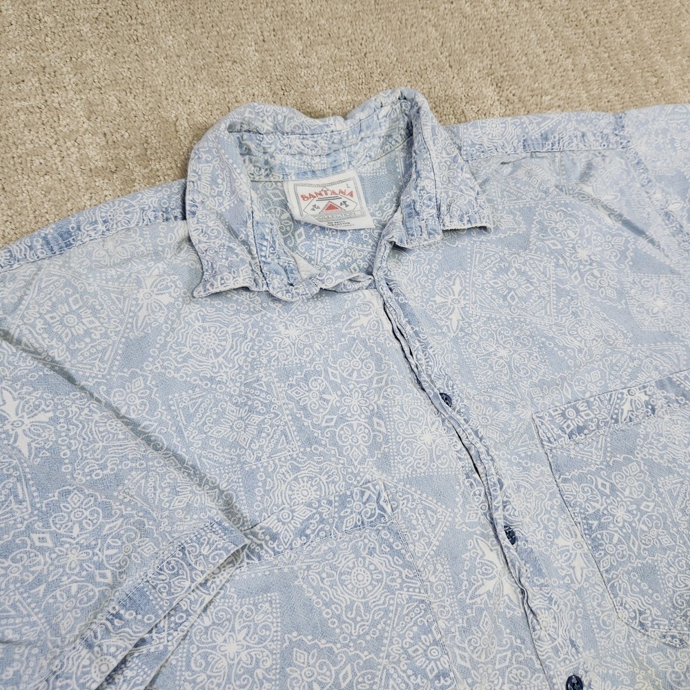 Vintage Chambray Shirt Men Large Paisley AOP Santana Button Up Lightweight Denim